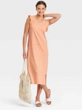 Universal Thread Peach Ruffle-Shoulder Midi Tank Dress